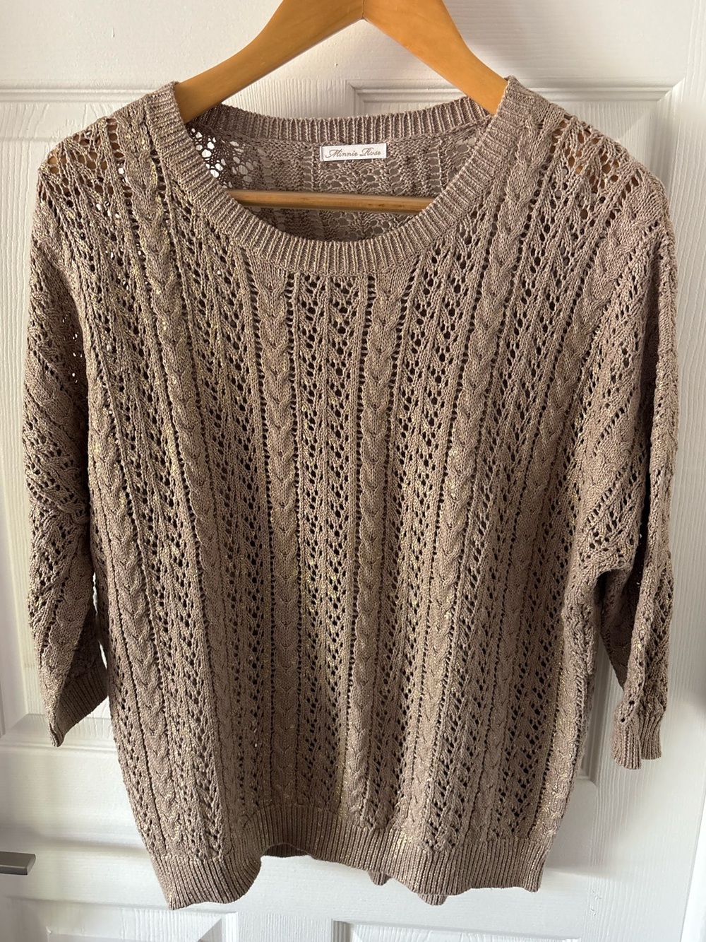 Minnie Rose Taupe Open-Knit Scoopneck Sweater Size M